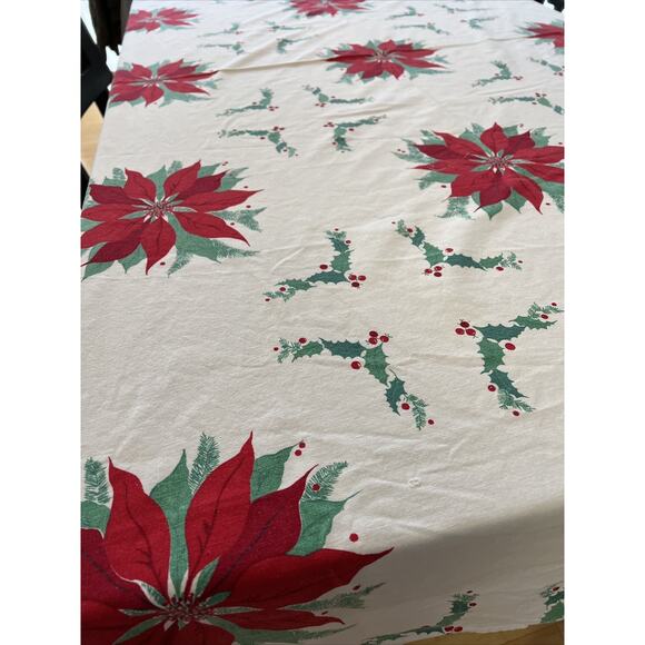 Vtg Christmas Red Poinsettia Holly Tablecloth 84x51” Rectangular Fabric FLAWS - Picture 1 of 16